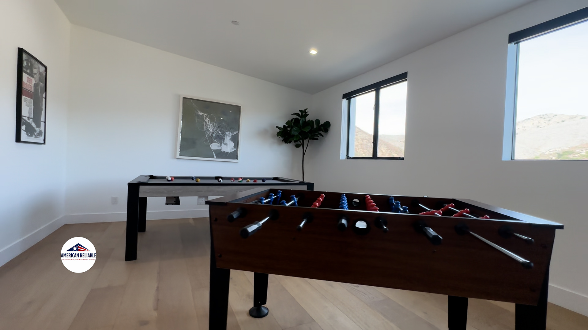 Game room with entertainment setup and views
