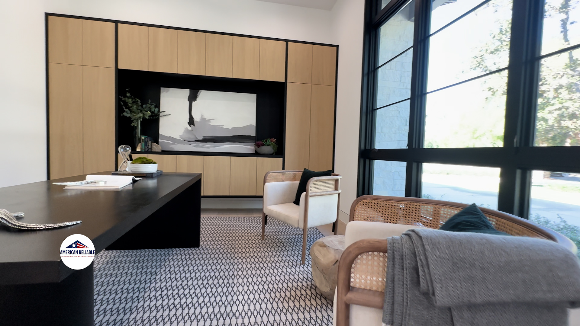 Home office seating area with cane chairs