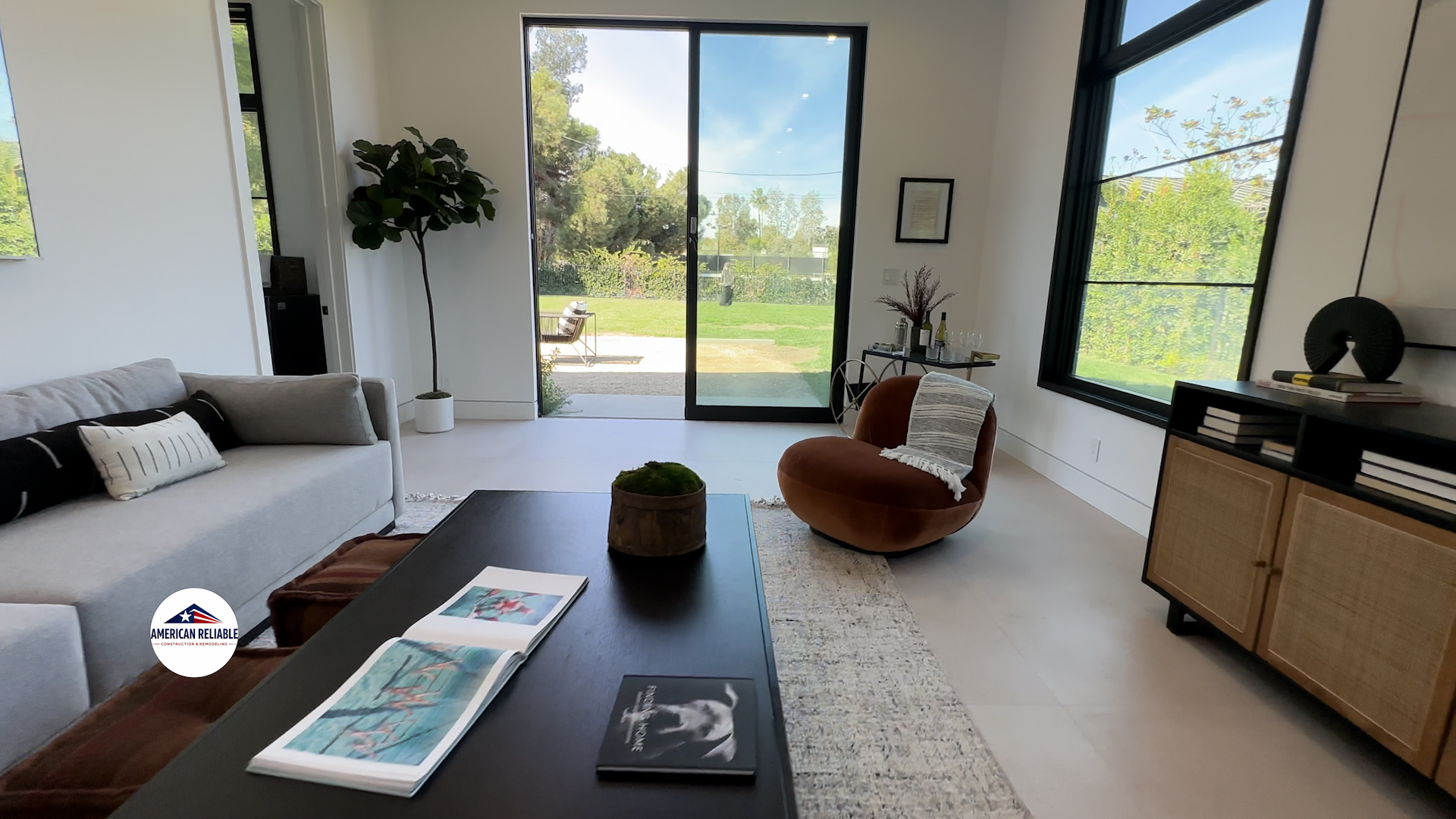 Modern living room with sliding glass doors to garden